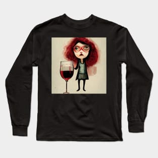 Woman wearing glasses and standing with her big glass of red wine. Long Sleeve T-Shirt